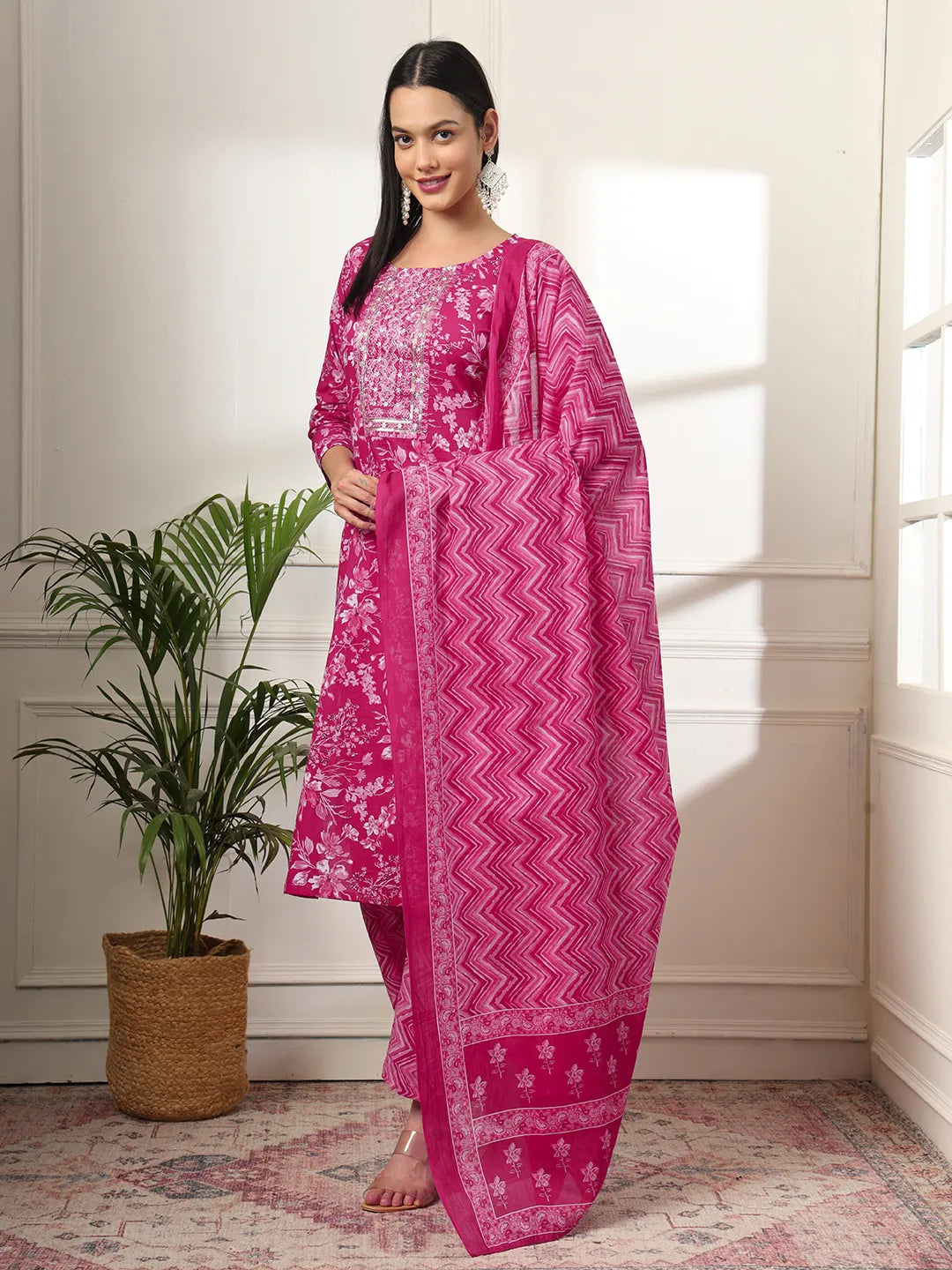 Yufta Pink Pure Cotton Floral Print Embroidered Kurta Dupatta Pant Set | Grocsy