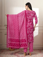 Yufta Pink Pure Cotton Floral Print Embroidered Kurta Dupatta Pant Set | Grocsy