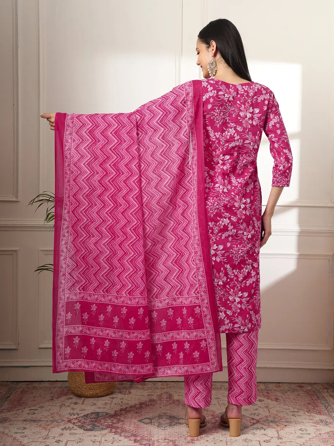 Yufta Pink Pure Cotton Floral Print Embroidered Kurta Dupatta Pant Set | Grocsy