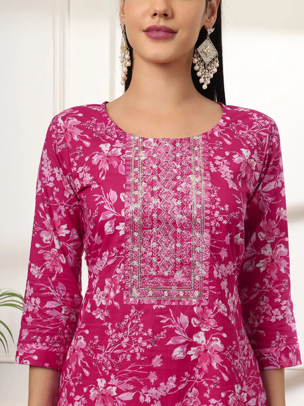 Yufta Pink Pure Cotton Floral Print Embroidered Kurta Dupatta Pant Set | Grocsy