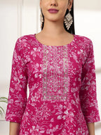 Yufta Pink Pure Cotton Floral Print Embroidered Kurta Dupatta Pant Set | Grocsy