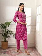 Yufta Pink Pure Cotton Floral Print Embroidered Kurta Dupatta Pant Set | Grocsy