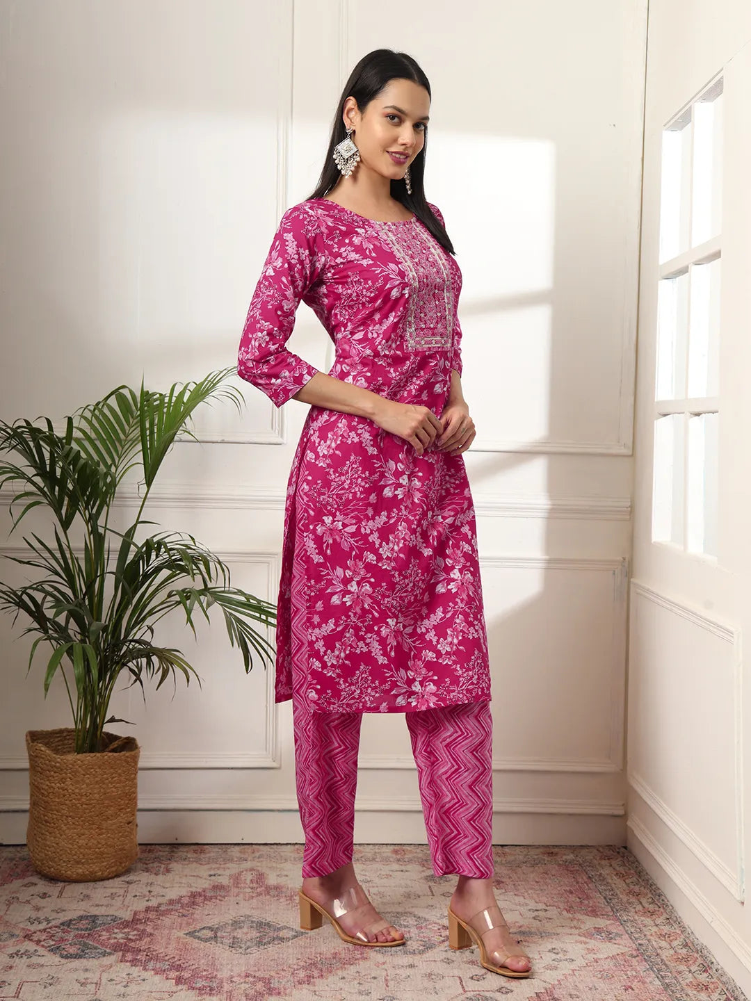 Yufta Pink Pure Cotton Floral Print Embroidered Kurta Dupatta Pant Set | Grocsy
