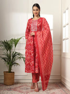 Yufta Pure Cotton Red Anarkali Dupatta Pant Set | Grocsy