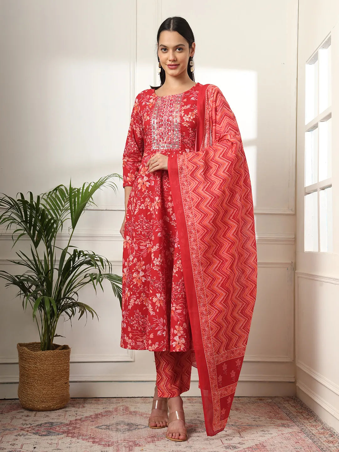 Yufta Pure Cotton Red Anarkali Dupatta Pant Set | Grocsy