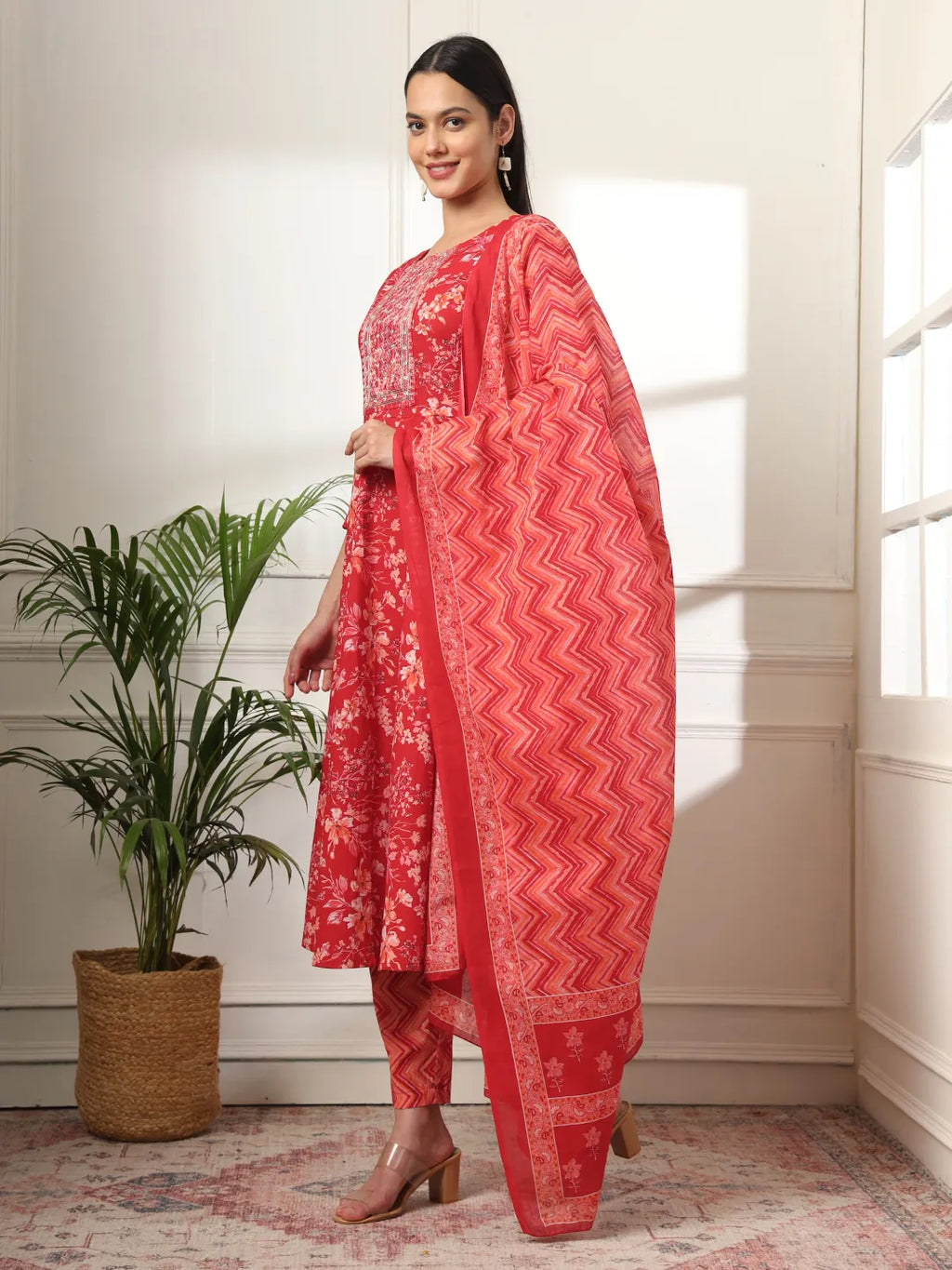 Yufta Pure Cotton Red Anarkali Dupatta Pant Set | Grocsy