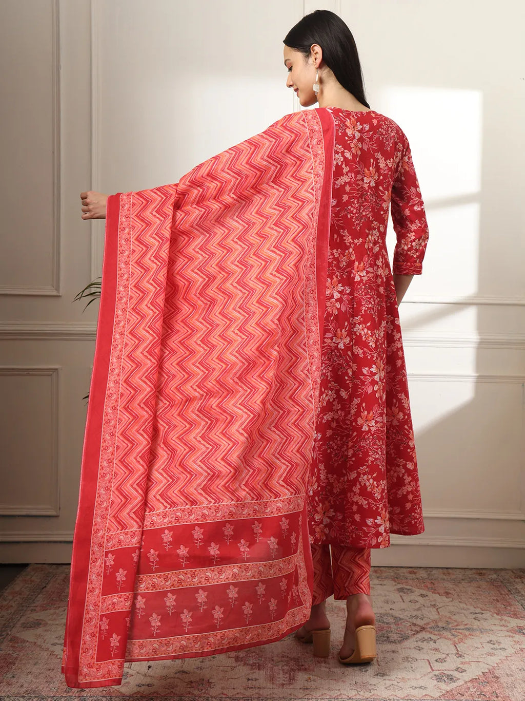 Yufta Pure Cotton Red Anarkali Dupatta Pant Set | Grocsy