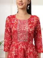 Yufta Pure Cotton Red Anarkali Dupatta Pant Set | Grocsy