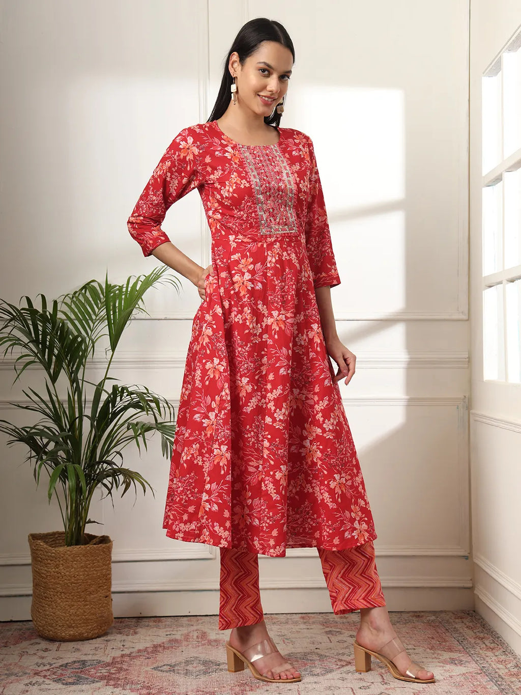 Yufta Pure Cotton Red Anarkali Dupatta Pant Set | Grocsy