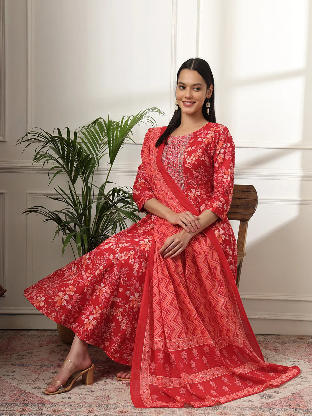 Yufta Pure Cotton Red Anarkali Dupatta Pant Set | Grocsy