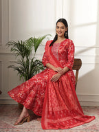 Yufta Pure Cotton Red Anarkali Dupatta Pant Set | Grocsy