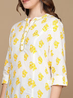 HERE&NOW White & Yellow Floral Printed Sequined Pure Cotton Kurta | Grocsy
