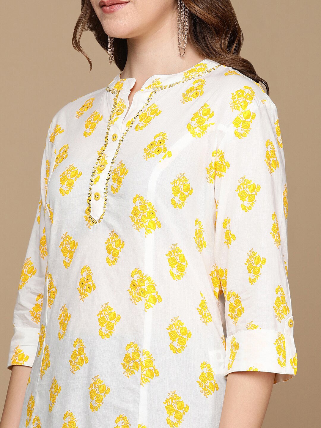 HERE&NOW White & Yellow Floral Printed Sequined Pure Cotton Kurta | Grocsy