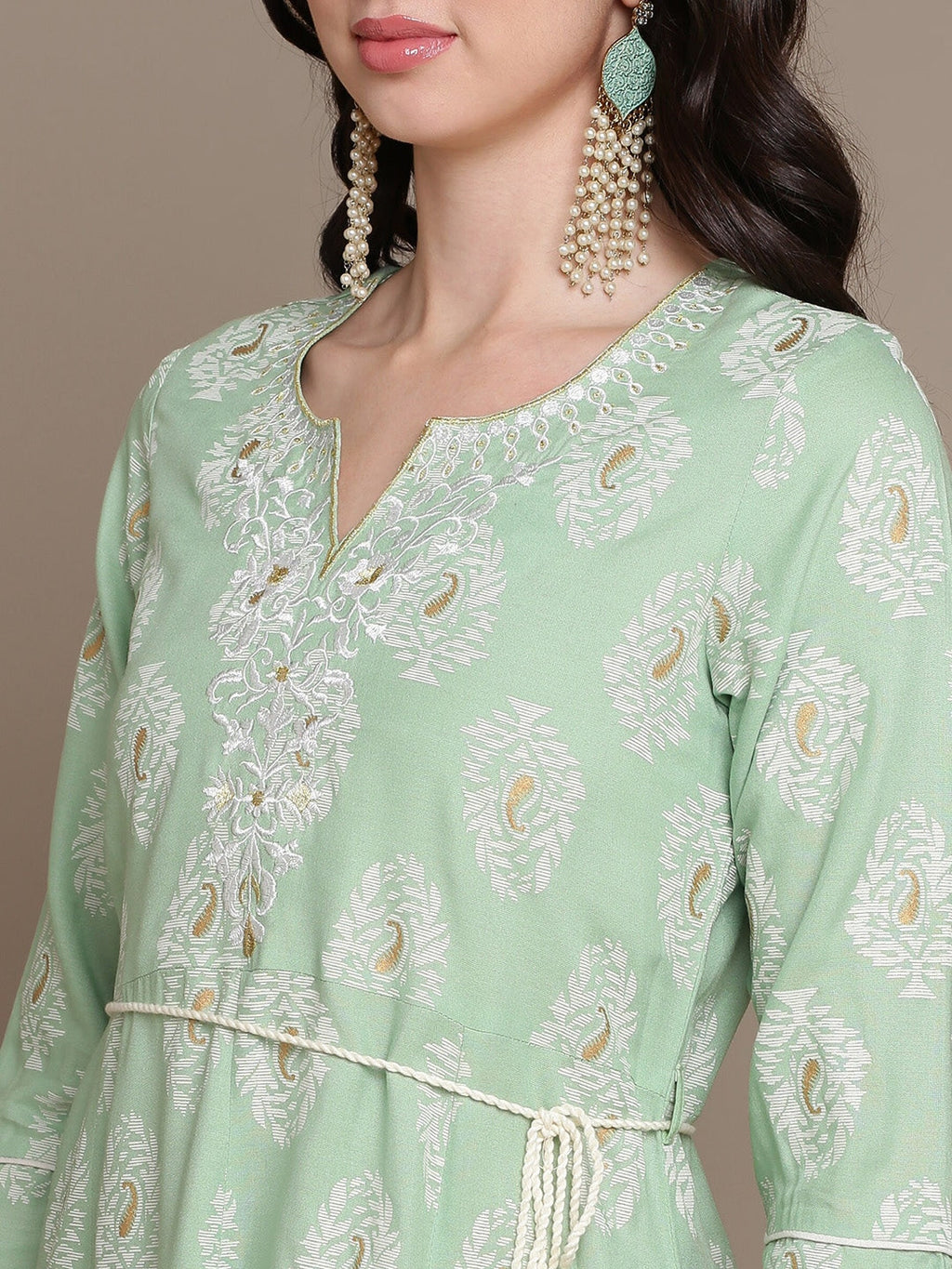HERE&NOW Embroidered Ethnic Motif Printed Notched Neck A-Line Kurta | Grocsy