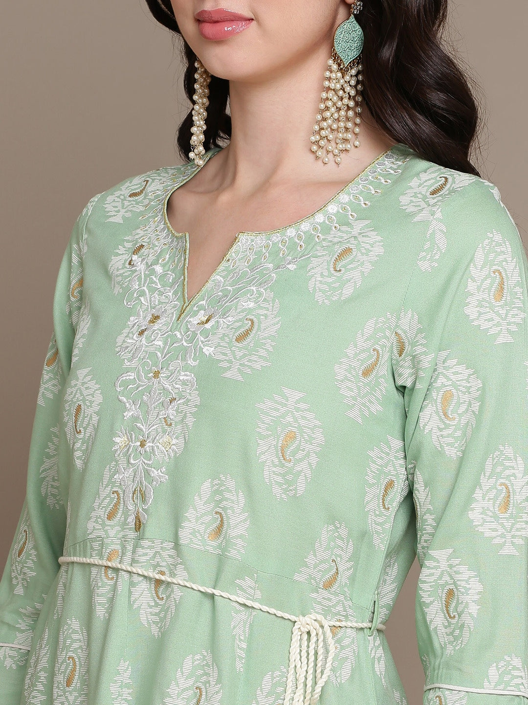 HERE&NOW Embroidered Ethnic Motif Printed Notched Neck A-Line Kurta | Grocsy