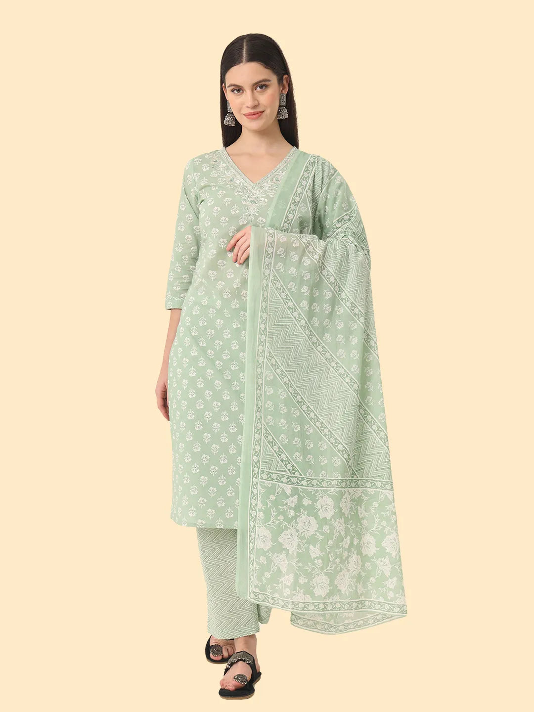 Yufta Green Ethnic Motifs Embroidered Regular Chikankari Pure Cotton Kurta with Trousers & With Dupatta | Grocsy
