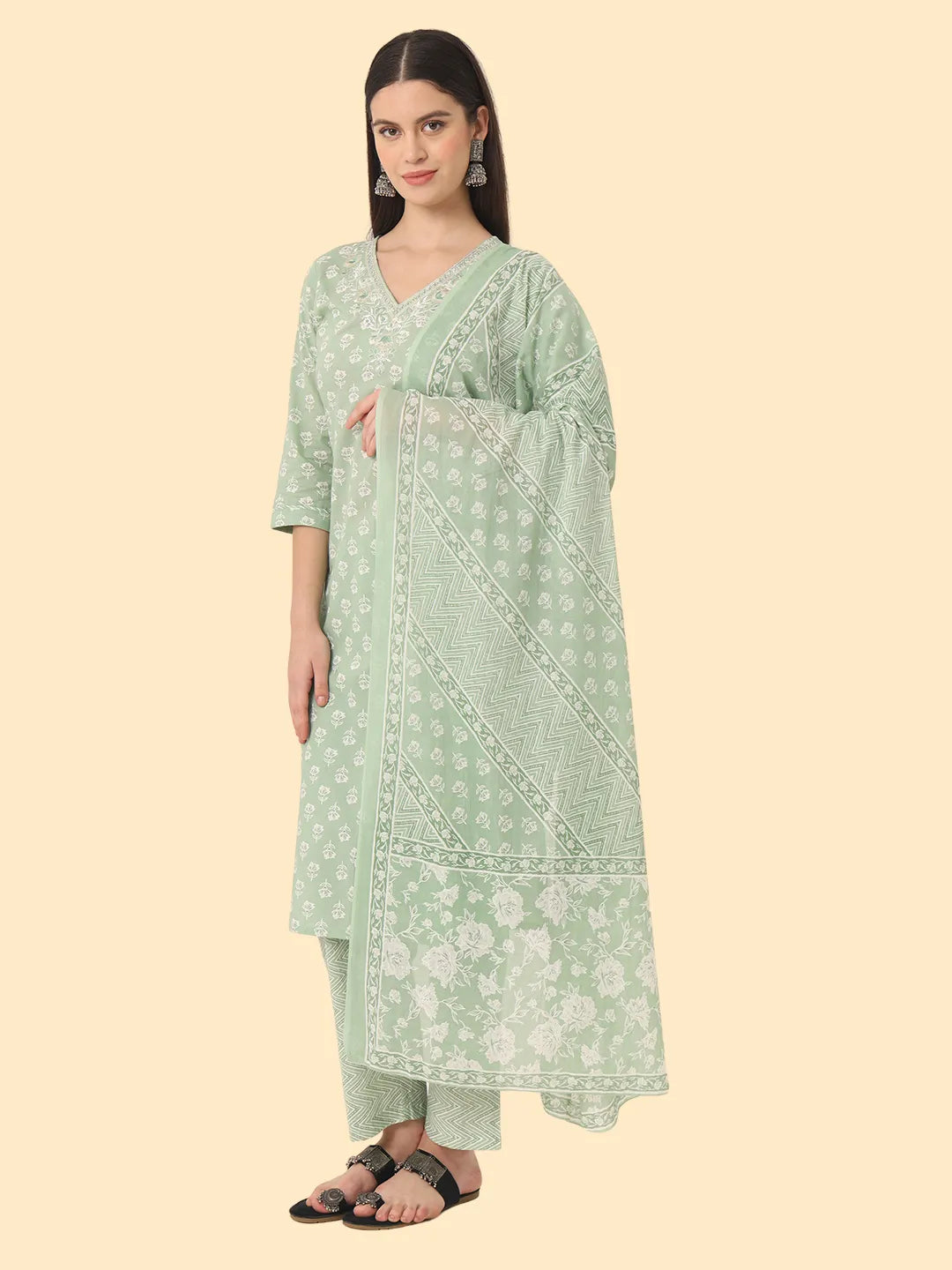 Yufta Green Ethnic Motifs Embroidered Regular Chikankari Pure Cotton Kurta with Trousers & With Dupatta | Grocsy