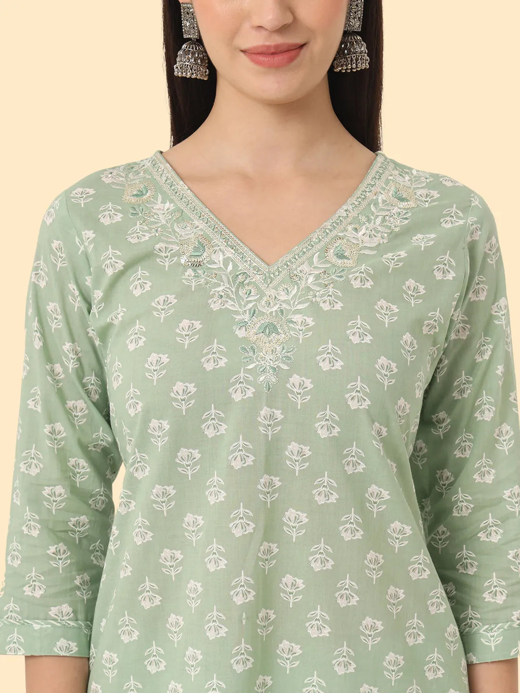 Yufta Green Ethnic Motifs Embroidered Regular Chikankari Pure Cotton Kurta with Trousers & With Dupatta | Grocsy