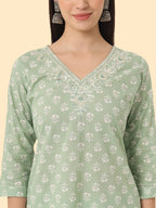 Yufta Green Ethnic Motifs Embroidered Regular Chikankari Pure Cotton Kurta with Trousers & With Dupatta | Grocsy