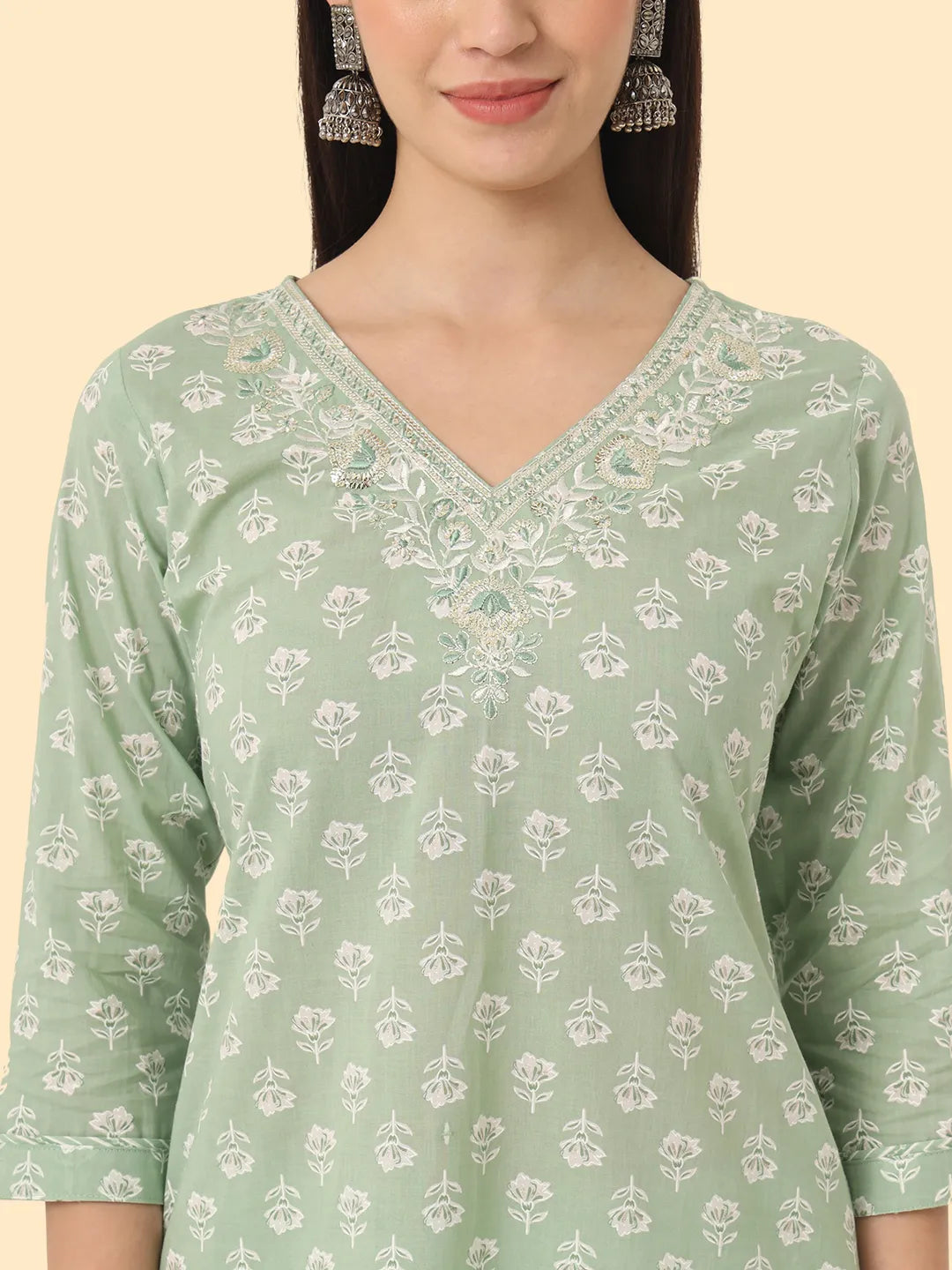 Yufta Green Ethnic Motifs Embroidered Regular Chikankari Pure Cotton Kurta with Trousers & With Dupatta | Grocsy