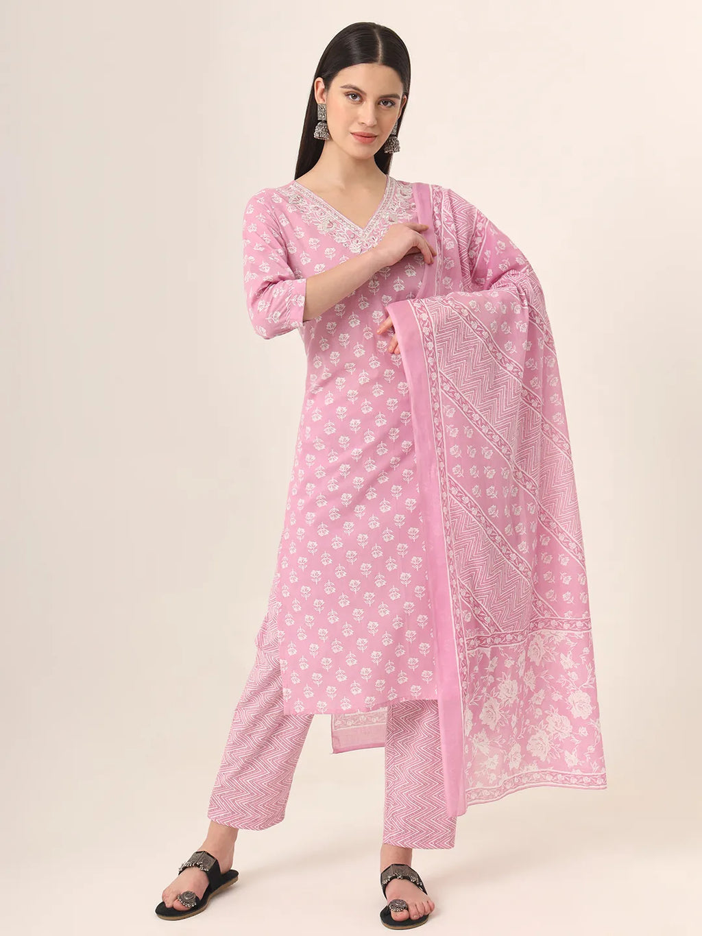 Yufta Pure Cotton Pink Kurta Dupatta Pant Set | Grocsy