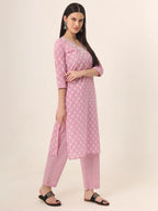 Yufta Pure Cotton Pink Kurta Dupatta Pant Set | Grocsy