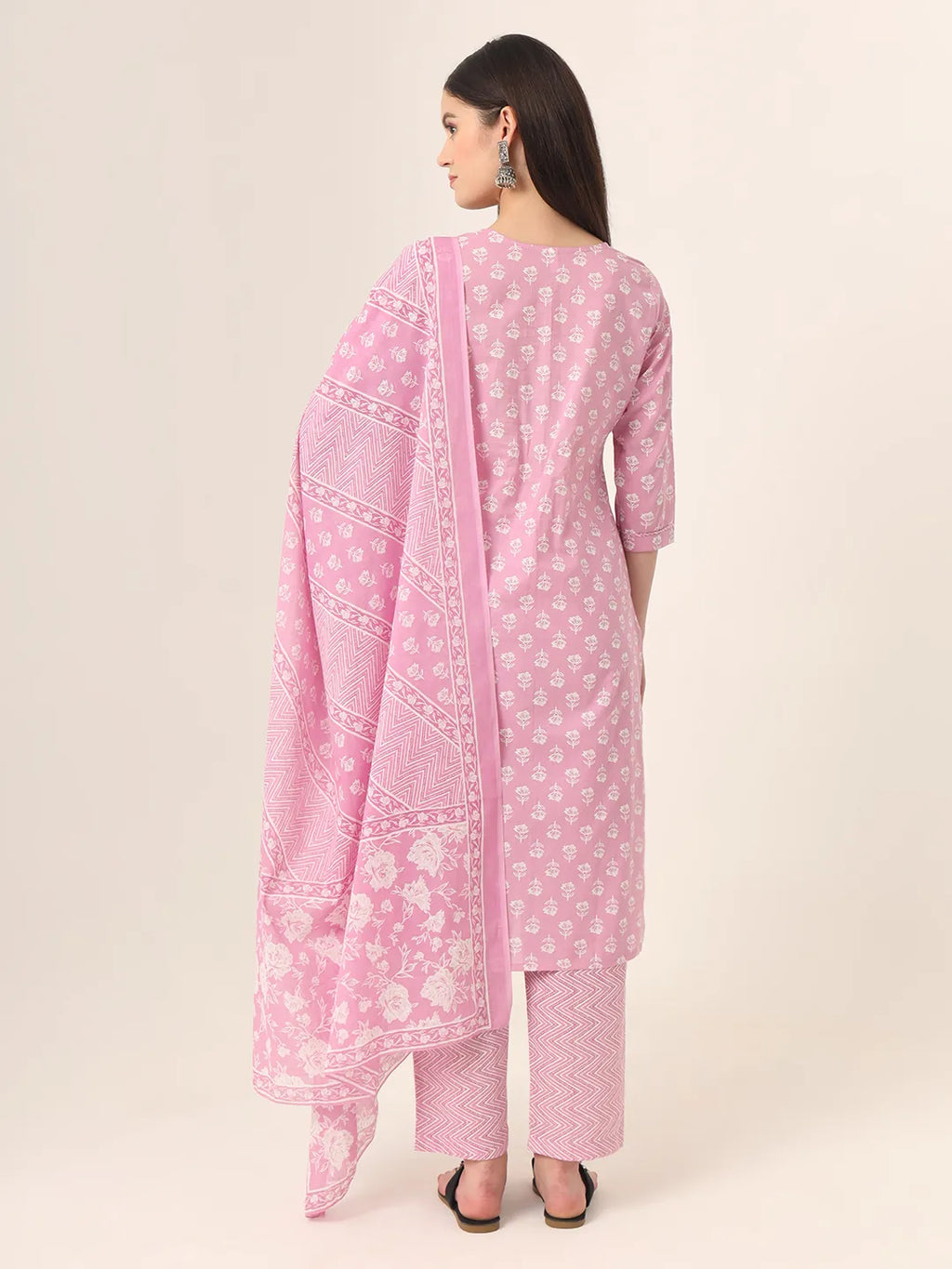 Yufta Pure Cotton Pink Kurta Dupatta Pant Set | Grocsy