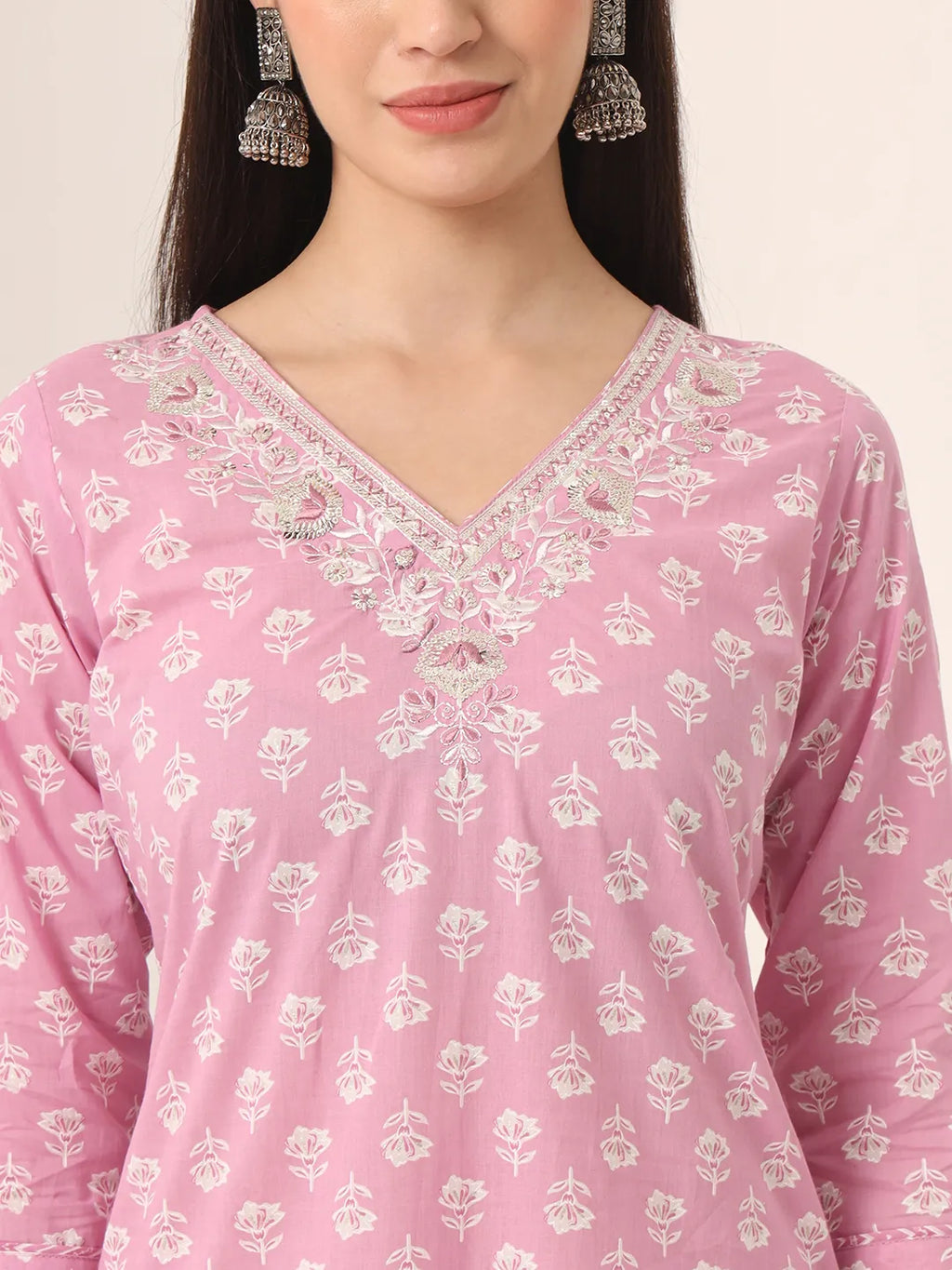 Yufta Pure Cotton Pink Kurta Dupatta Pant Set | Grocsy