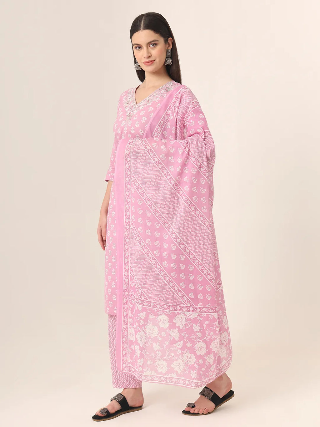 Yufta Pure Cotton Pink Kurta Dupatta Pant Set | Grocsy