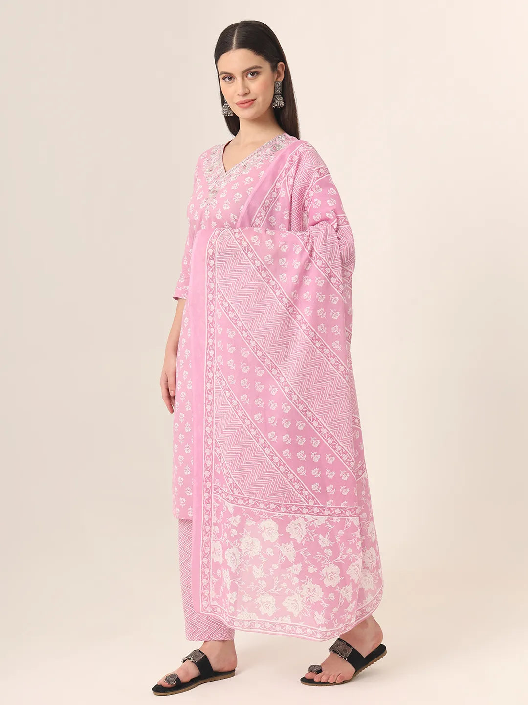 Yufta Pure Cotton Pink Kurta Dupatta Pant Set | Grocsy