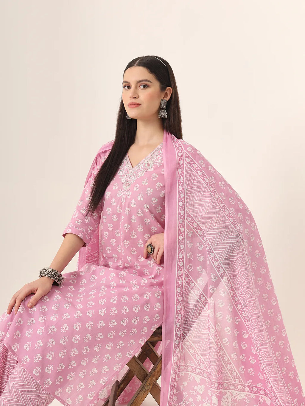Yufta Pure Cotton Pink Kurta Dupatta Pant Set | Grocsy