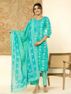 Yufta Pure Cotton Turquoise Blue Floral Embroidery Kurta Dupatta Pant Set | Grocsy