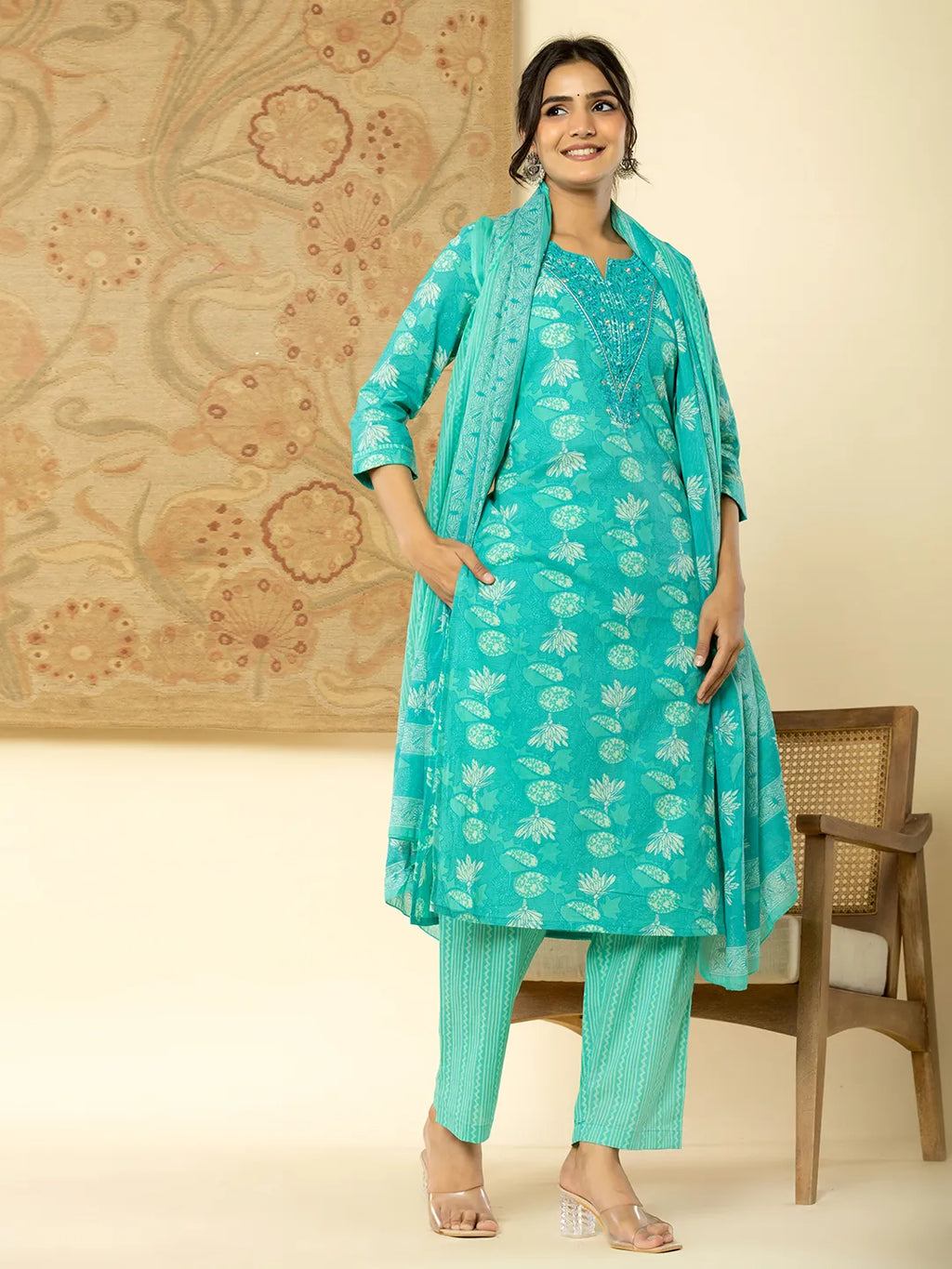 Yufta Pure Cotton Turquoise Blue Floral Embroidery Kurta Dupatta Pant Set | Grocsy