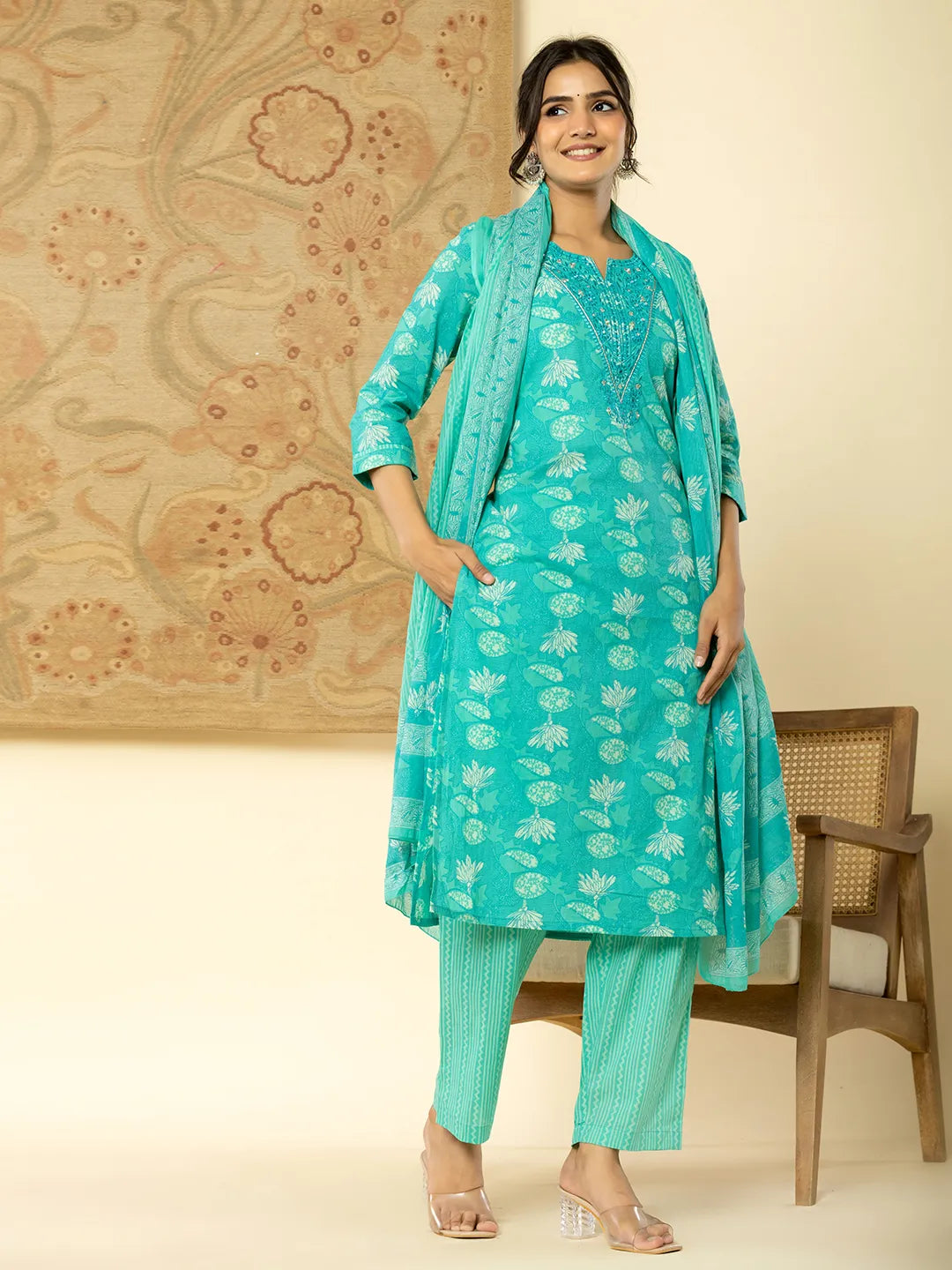Yufta Pure Cotton Turquoise Blue Floral Embroidery Kurta Dupatta Pant Set | Grocsy