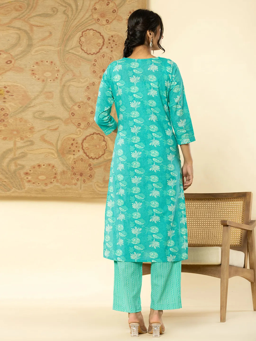 Yufta Pure Cotton Turquoise Blue Floral Embroidery Kurta Dupatta Pant Set | Grocsy