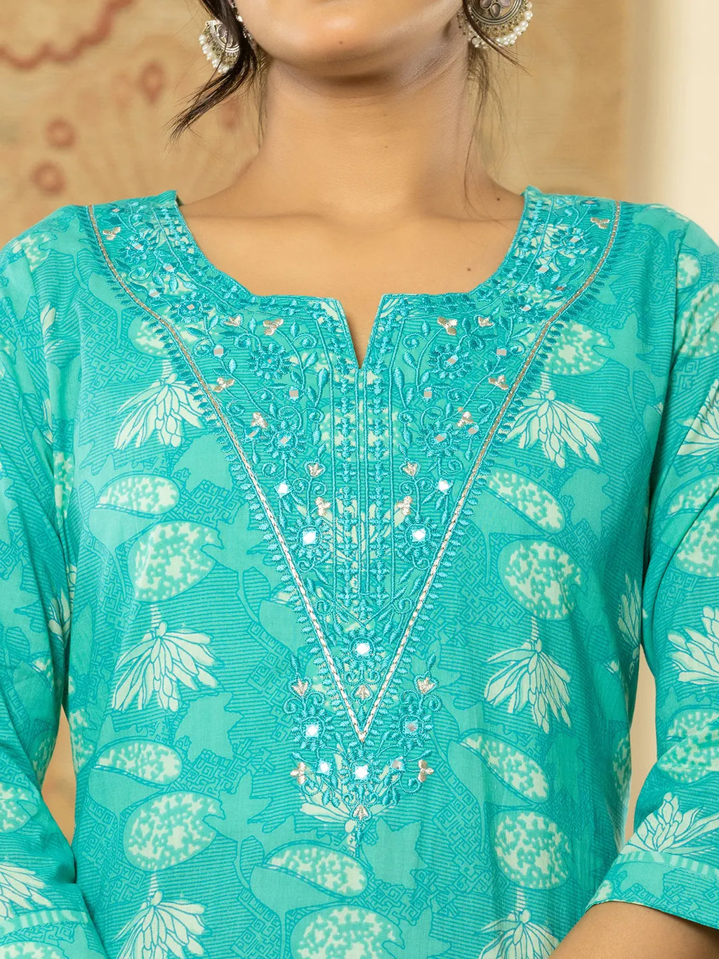 Yufta Pure Cotton Turquoise Blue Floral Embroidery Kurta Dupatta Pant Set | Grocsy