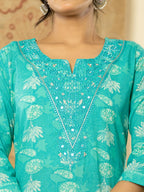 Yufta Pure Cotton Turquoise Blue Floral Embroidery Kurta Dupatta Pant Set | Grocsy