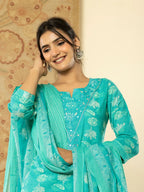 Yufta Pure Cotton Turquoise Blue Floral Embroidery Kurta Dupatta Pant Set | Grocsy