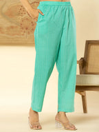 Yufta Pure Cotton Turquoise Blue Floral Embroidery Kurta Dupatta Pant Set | Grocsy