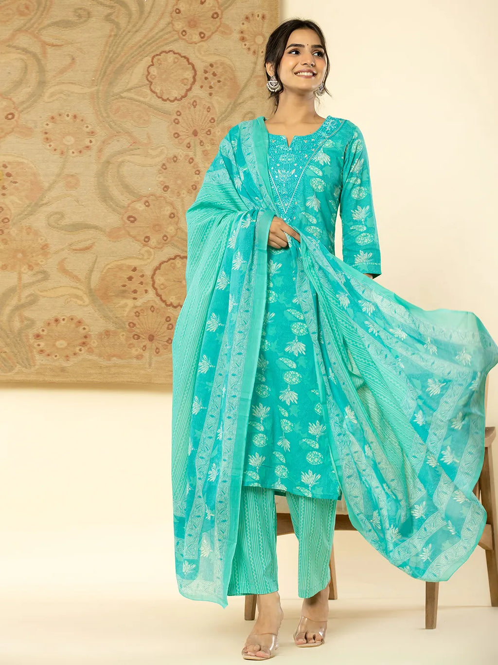 Yufta Pure Cotton Turquoise Blue Floral Embroidery Kurta Dupatta Pant Set | Grocsy