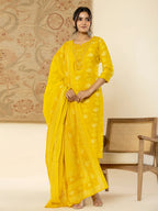 Yufta Cotton Mustard Floral Embroidery Mirror Work Kurta Dupatta Pant Set | Grocsy