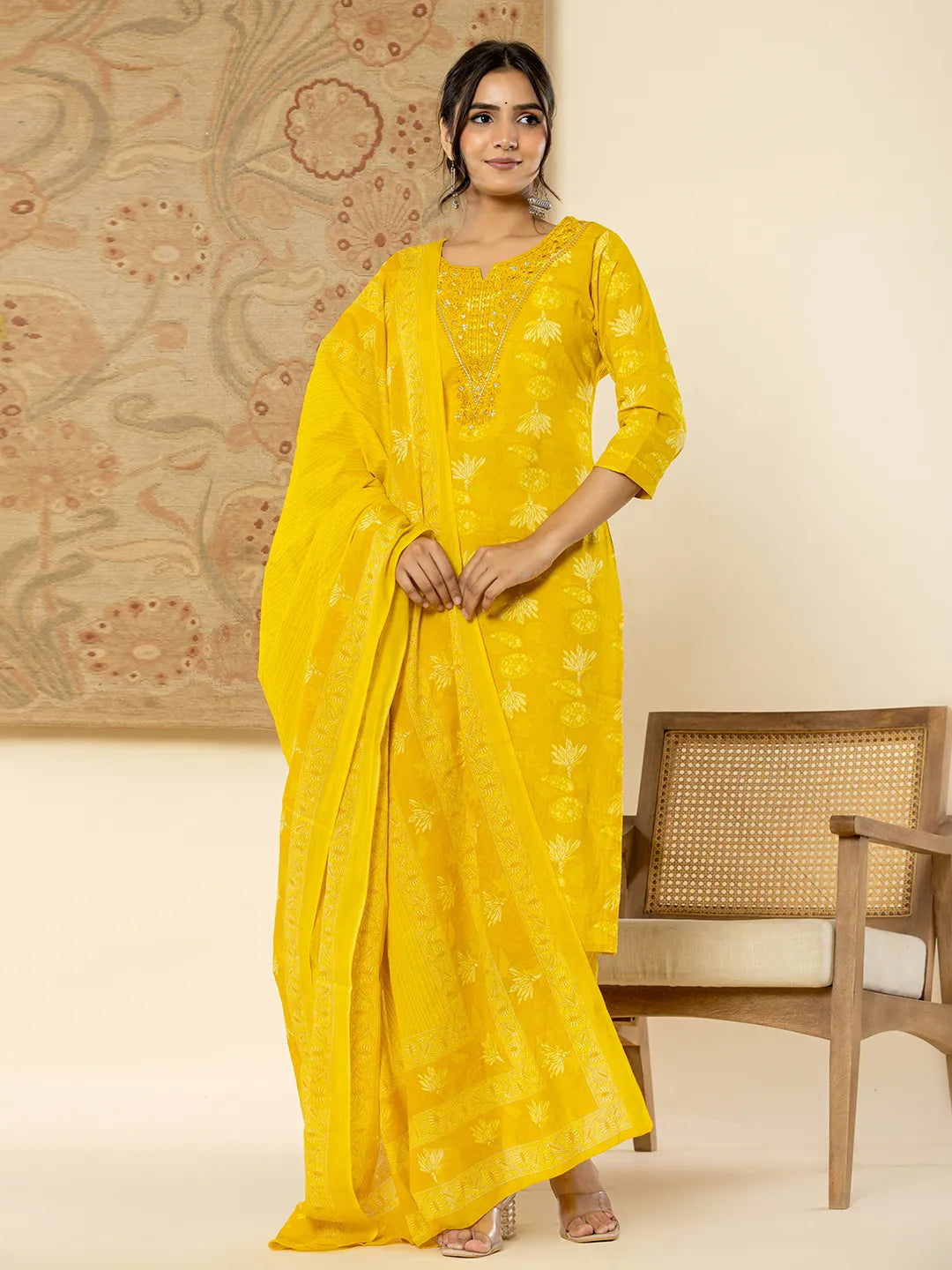 Yufta Cotton Mustard Floral Embroidery Mirror Work Kurta Dupatta Pant Set | Grocsy