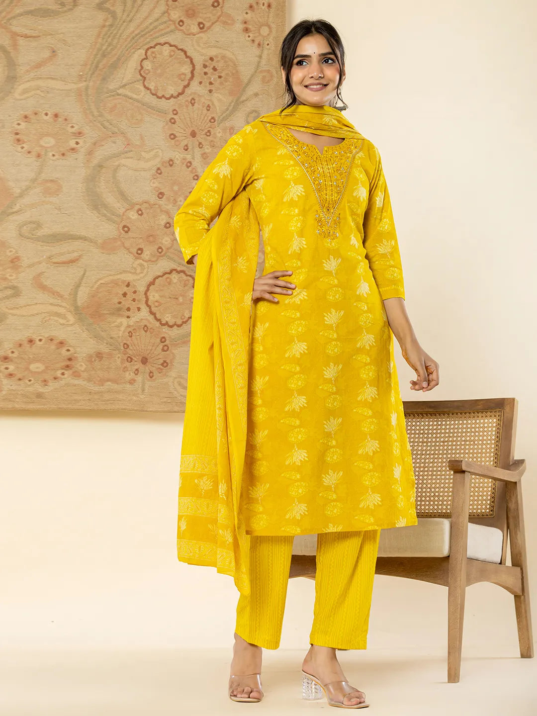 Yufta Cotton Mustard Floral Embroidery Mirror Work Kurta Dupatta Pant Set | Grocsy