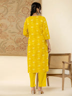 Yufta Cotton Mustard Floral Embroidery Mirror Work Kurta Dupatta Pant Set | Grocsy