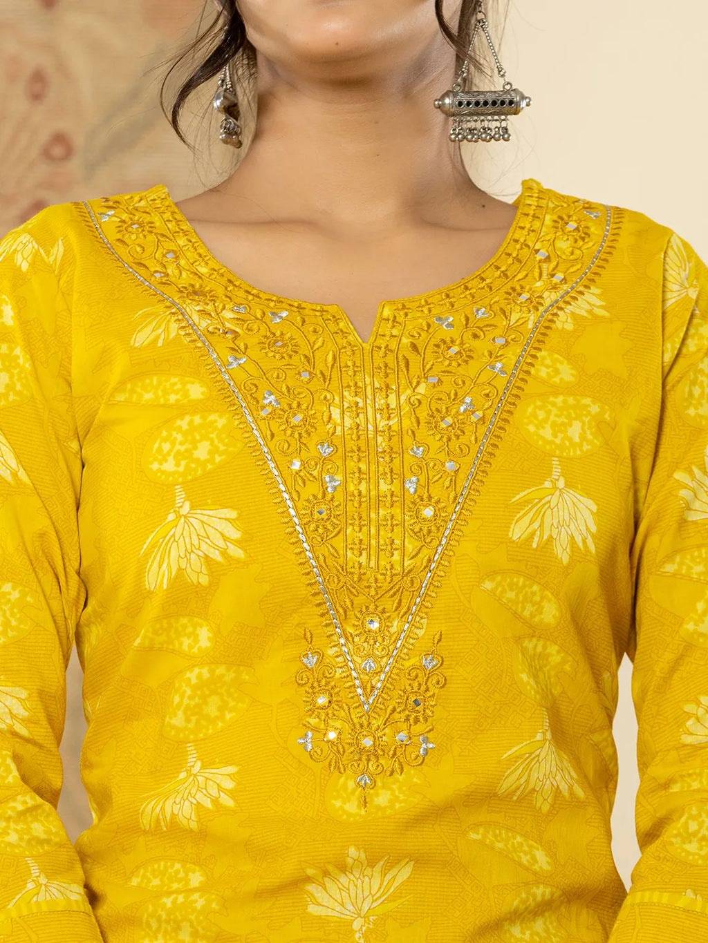 Yufta Cotton Mustard Floral Embroidery Mirror Work Kurta Dupatta Pant Set | Grocsy