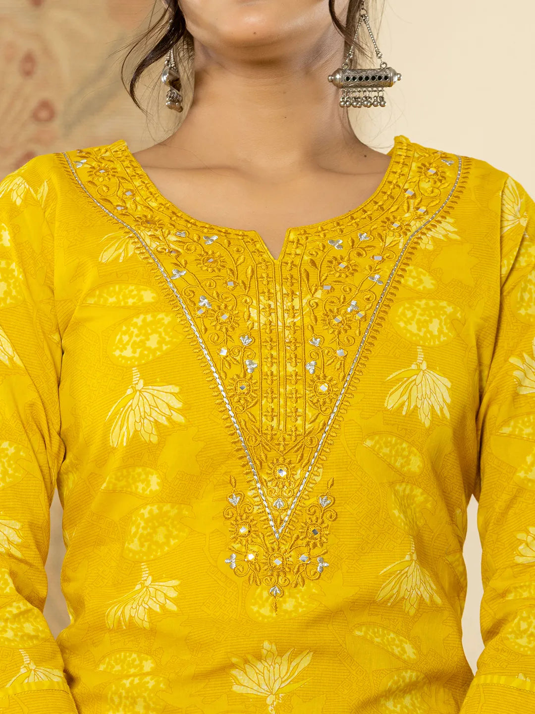 Yufta Cotton Mustard Floral Embroidery Mirror Work Kurta Dupatta Pant Set | Grocsy