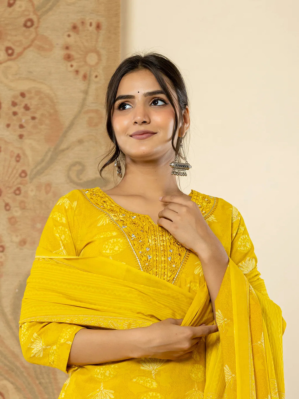 Yufta Cotton Mustard Floral Embroidery Mirror Work Kurta Dupatta Pant Set | Grocsy