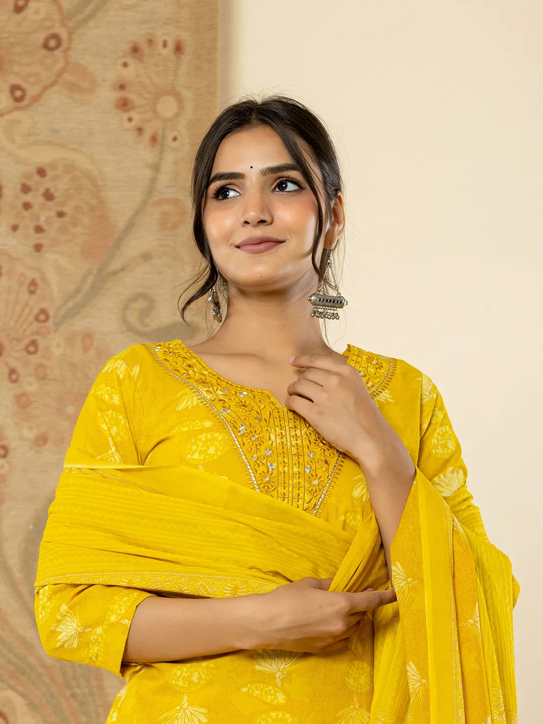 Yufta Cotton Mustard Floral Embroidery Mirror Work Kurta Dupatta Pant Set | Grocsy