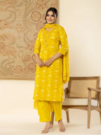 Yufta Cotton Mustard Floral Embroidery Mirror Work Kurta Dupatta Pant Set | Grocsy
