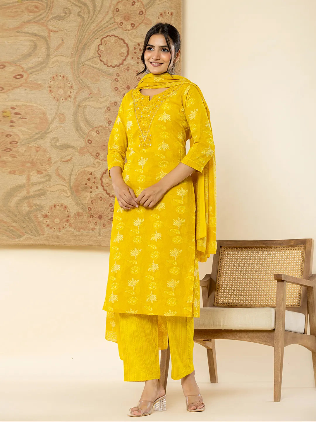 Yufta Cotton Mustard Floral Embroidery Mirror Work Kurta Dupatta Pant Set | Grocsy